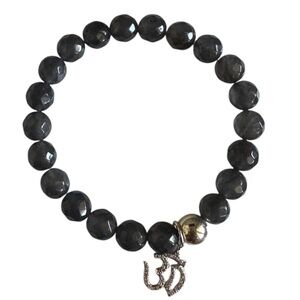 Classic 8mm Dark Smoke Jade Stretch Bracelet Pave Ohm Charm Silver 6–7” NEW